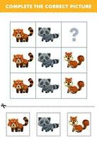 Education game for children to choose and complete the correct picture of a cute cartoon red panda raccoon or squirrel printable animal worksheet vector