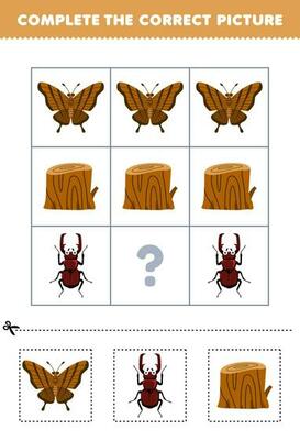 Education game for children to choose and complete the correct picture of a cute cartoon butterfly beetle or wood log printable bug worksheet