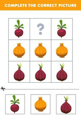 Education game for children to choose and complete the correct picture of a cute cartoon turnip onion or shallot printable vegetable worksheet