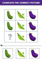 Education game for children to choose and complete the correct picture of a cute cartoon cucumber pea or eggplant printable vegetable worksheet vector