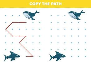 Education game for children copy the path help shark move to the whale printable underwater worksheet vector