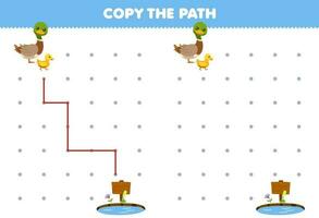 educación juego para niños Copiar el camino ayuda Pato moverse a el estanque imprimible granja hoja de cálculo vector