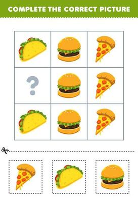 Education game for children to choose and complete the correct picture of a cute cartoon pizza taco or burger printable food worksheet