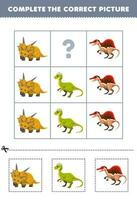 Education game for children to choose and complete the correct picture of a cute cartoon xenoceratops or spinosaurus printable dinosaur worksheet vector