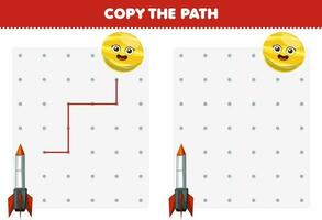 Education game for children copy the path help rocket move to the yellow planet printable solar system worksheet vector