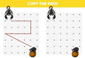 Education game for children copy the path help scorpion move to the dung beetle printable bug worksheet vector