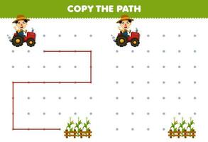 educación juego para niños Copiar el camino ayuda granjero conducción tractor moverse a el maíz campo imprimible granja hoja de cálculo vector
