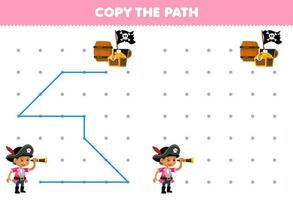 Education game for children copy the path help boy with spyglass move to the treasure chest printable pirate worksheet vector