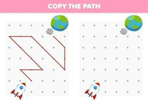 educación juego para niños Copiar el camino ayuda cohete moverse a el planeta imprimible transporte hoja de cálculo vector