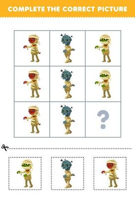 Education game for children to choose and complete the correct picture of a cute cartoon mummy costume printable halloween worksheet