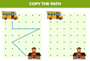 educación juego para niños Copiar el camino ayuda autobús moverse a el colegio imprimible transporte hoja de cálculo vector