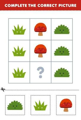 Education game for children to choose and complete the correct picture of a cute cartoon grass brush or mushroom printable nature worksheet