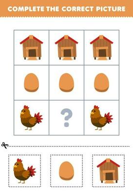 Education game for children to choose and complete the correct picture of a cute cartoon chicken egg or coop printable farm worksheet