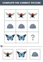 Education game for children to choose and complete the correct picture of a cute cartoon fly butterfly or stone printable bug worksheet vector