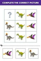 Education game for children to choose and complete the correct picture of a cute cartoon ornithoceirus fukuisaurus or lambeosaurus printable dinosaur worksheet vector