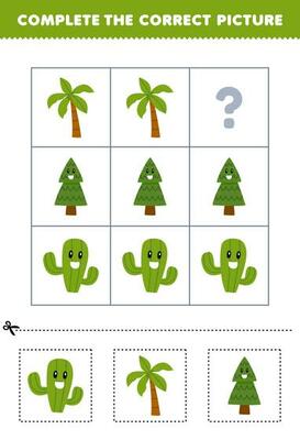 Education game for children to choose and complete the correct picture of a cute cartoon cactus palm or pine tree printable nature worksheet