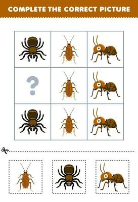 Education game for children to choose and complete the correct picture of a cute cartoon cockroach tarantula or ant printable bug worksheet