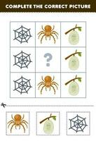 Education game for children to choose and complete the correct picture of a cute cartoon web spider or cocoon printable bug worksheet vector