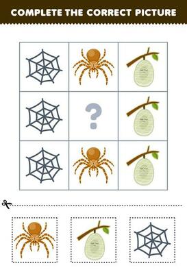 Education game for children to choose and complete the correct picture of a cute cartoon web spider or cocoon printable bug worksheet