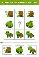 Education game for children to choose and complete the correct picture of a cute cartoon snail shell or turtle printable animal worksheet vector