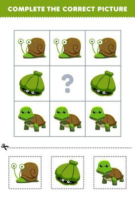 Education game for children to choose and complete the correct picture of a cute cartoon snail shell or turtle printable animal worksheet