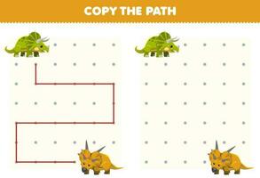 Education game for children copy the path help triceratops move to the xenoceratops printable prehistoric dinosaur worksheet vector