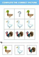 Education game for children to choose and complete the correct picture of a cute cartoon duck goose or turkey printable farm worksheet vector