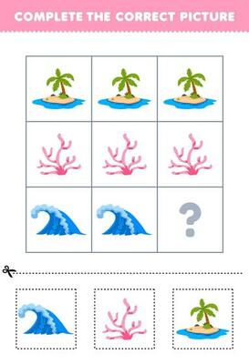 Education game for children to choose and complete the correct picture of a cute cartoon wave coral or island printable nature worksheet