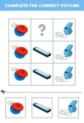 Education game for children to choose and complete the correct picture of a cute cartoon castanet harmonica or whistle printable music worksheet