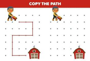 Education game for children copy the path help farmer boy move to the barn printable farm worksheet vector