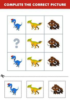 Education game for children to choose and complete the correct picture of a cute cartoon oviraptor leptoceratops or mammoth printable dinosaur worksheet