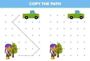 educación juego para niños Copiar el camino ayuda granjero niña moverse a el recoger camión imprimible granja hoja de cálculo vector