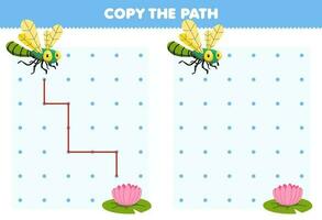 Education game for children copy the path help dragonfly move to the lotus flower printable bug worksheet vector
