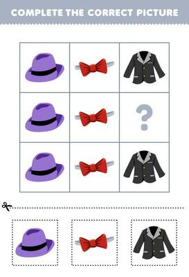 Education game for children to choose and complete the correct picture of a cute cartoon fedora hat tie bow or blazer printable wearable worksheet