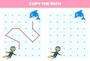 Education game for children copy the path help diver move to the dolphin printable underwater worksheet vector