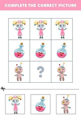 Education game for children to choose and complete the correct picture of a cute cartoon zombie girl potion or voodoo doll printable halloween worksheet