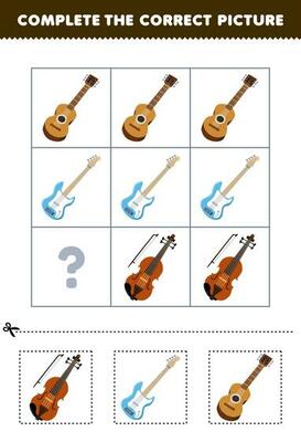 Education game for children to choose and complete the correct picture of a cute cartoon guitar or violin printable music worksheet