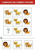 Education game for children to choose and complete the correct picture of a cute cartoon lion cheetah or tiger printable animal worksheet vector