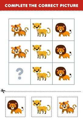 Education game for children to choose and complete the correct picture of a cute cartoon lion cheetah or tiger printable animal worksheet