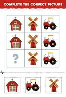 educación juego para niños a escoger y completar el correcto imagen de un linda dibujos animados granero tractor o molino imprimible granja hoja de cálculo vector