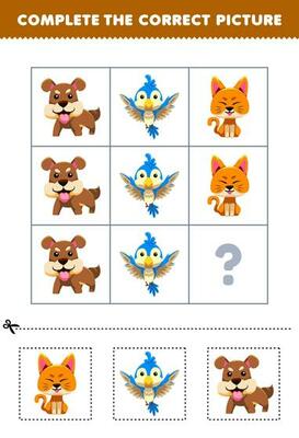 Education game for children to choose and complete the correct picture of a cute cartoon cat bird or dog printable animal worksheet