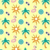 Colorful seamless summer pattern with palm tree, flamingo rubber ring, sunglasses, umbrella vector