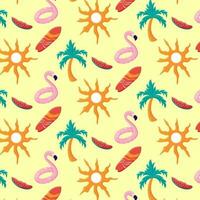 Colorful seamless summer pattern with sun, palm tree, surfboard, watermelon slice, flamingo rubber ring vector