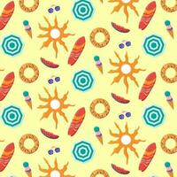 Colorful seamless summer pattern with umbrella, donut rubber ring, sunglasses, icecream cone, surfboard, watermelon slice vector