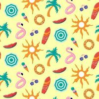 Colorful seamless summer pattern with palm tree, flamingo and donut rubber ring, icecream cone, sunglasses, umbrella, watermelon vector
