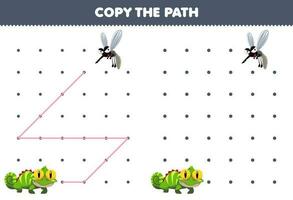 Education game for children copy the path help iguana move to the mosquito printable animal worksheet vector