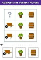Education game for children to choose and complete the correct picture of a cute cartoon wheelbarrow plant or barrel printable farm worksheet vector