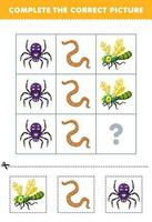 Education game for children to choose and complete the correct picture of a cute cartoon dragonfly worm or spider printable bug worksheet vector