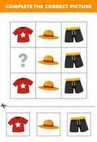 Education game for children to choose and complete the correct picture of a cute cartoon t shirt hat or pant printable wearable worksheet vector