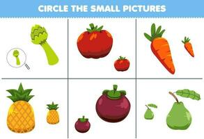 Education game for children circle the small picture of cute cartoon asparagus tomato carrot pineapple mangosteen guava printable worksheet vector